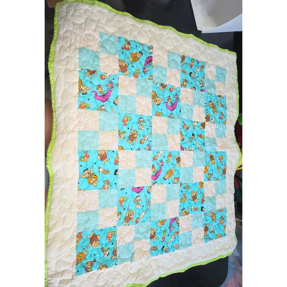 Handmade Flintstones Patchwork Baby Quilt Neon Green Backing 35x35 Retro Nursery